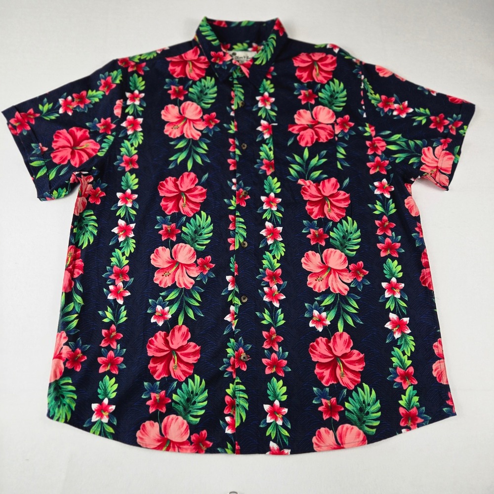 Oliver & Burke Button Down Shirt Mens XXL Navy Blue Tropical Hibiscus (T9)